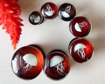 PAIR of White Jellyfish Red Background Pyrex Glass Double Flare Plugs -Gauges 0g (8mm) through 3/4" (19mm) available!