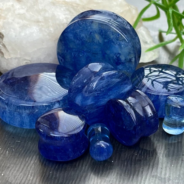 PAIR of Beautiful Vibrant Capri Blue Style Glass Double Flare Glass Plugs - Gauge 2g (6mm) thru 1&1/8" (28mm) Available!