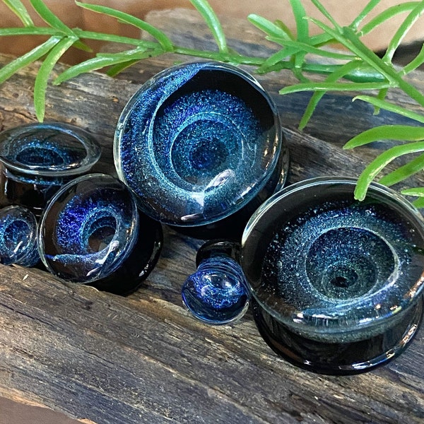 PAIR of Stunning Blue Vortex Swirl Design Pyrex Glass Double Flare Plugs/Tunnels - Gauges 2g (6mm) through 1" (25mm) available!