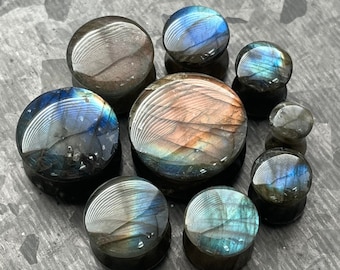 PAIR of Stunning AAA Grade Labradorite Organic Natural Stone Double Flare Plugs/Tunnels  - Gauges 2g (6mm) up to 3/4" (19mm) available!