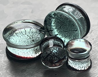 PAIR Midnight Moonstone Iridescent Glass Double Flare Plugs Gauges Body Jewelry - Foto 8