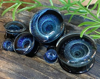 PAIR of Stunning Blue Vortex Swirl Design Pyrex Glass Double Flare Plugs/Tunnels - Gauges 2g (6mm) through 1" (25mm) available!