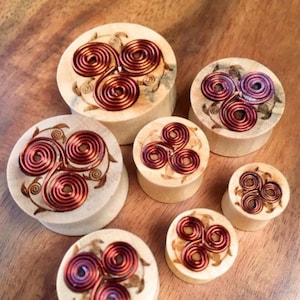 PAIR of Copper Wire Tribal Floral Design Wood Saddle Plugs Gauges Earlets