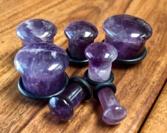 PAIR of Single Flare Organic Amethyst Stone Plugs - Gauges 4g (5mm) through 5/8" (16mm)