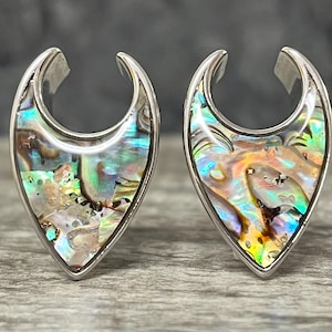 PAIR of Stunning Abalone Tear Drop  Surgical Steel Saddle Ear Spreader Tunnels/Plugs/Hangers - Gauges 0g (8mm) thru 5/8" (16mm) available!