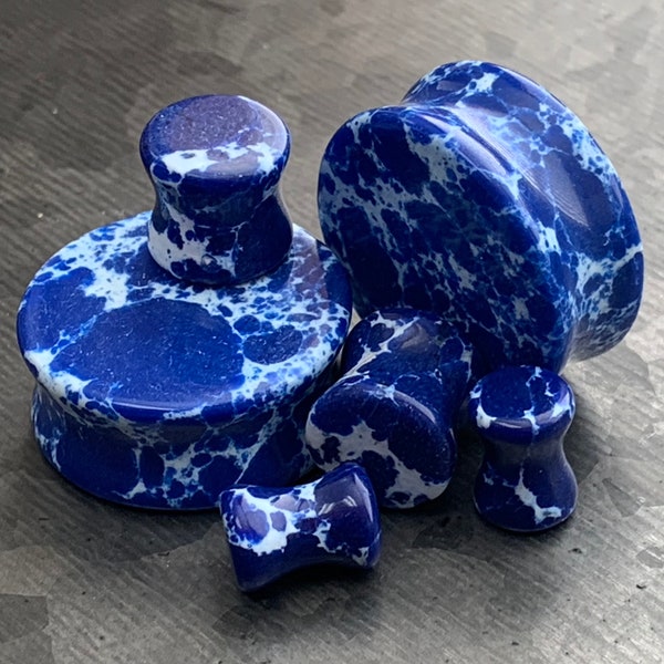 Pair of Brilliant Imperial Blue Jasper Stone Double Flare Plugs - Gauges 6g (4mm) through 1"(25mm) available!