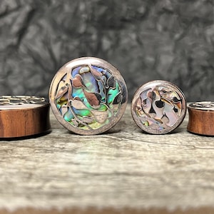 PAIR of Stunning Silver Leaves and Organic Abalone Shell Inlaid Sono Wood Saddle Plugs - Gauges 0000g (12mm) thru 1&3/8" (34mm) available!