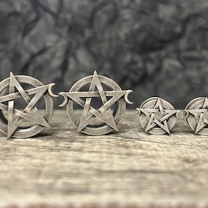 PAIR of Unique Pentagram with Two Crescent Moons Steel Screw Fit Tunnels/Plugs - Gauges 0g (8mm) thru 1" (25mm) available!