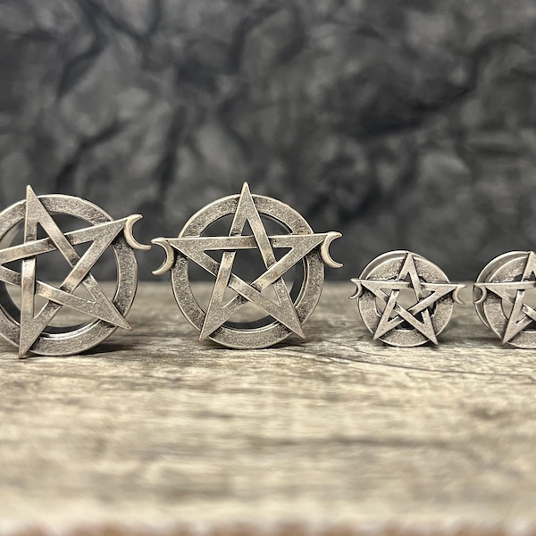 PAIR of Unique Pentagram with Two Crescent Moons Steel Screw Fit Tunnels/Plugs - Gauges 0g (8mm) thru 1" (25mm) available!