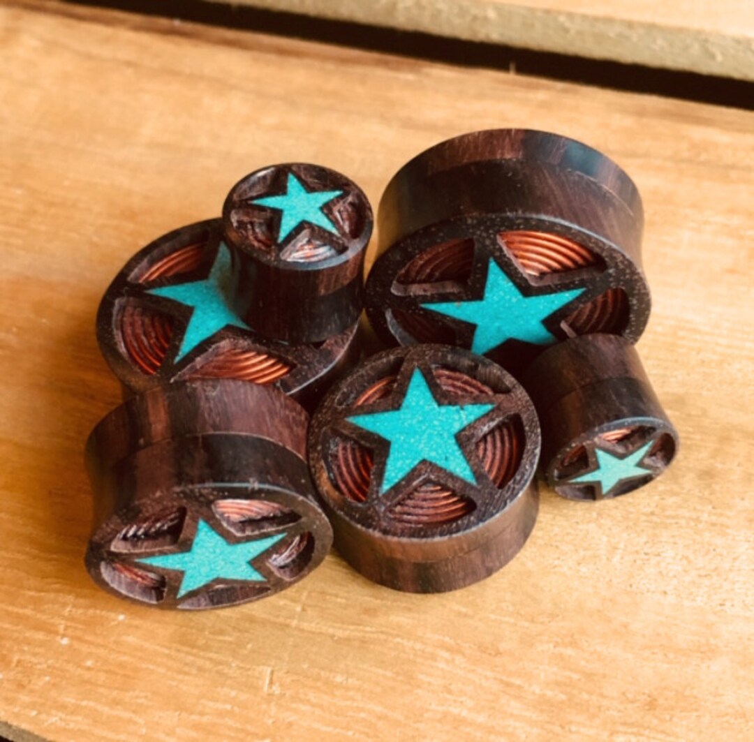 Brown Sono Wood Crushed Turquoise Star & Copper Coil Ear Plug Brown Sono Wood Crushed Turquoise Star & Copper Coil Ear Plug