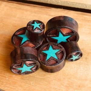 PAIR of Sono Wood Plugs with Crushed Turquoise Star & Copper Coil - Gauges 00g (10mm) through 1" (25mm) available!