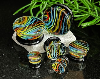 PAIR of Unique Neon Rainbow Swirls Design Double Flare Pyrex Glass Plugs - Gauges 2g (6mm) through 1" (25mm) available!