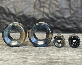 PAIR of Beautiful Blue Tiger Eye Organic Stone Tunnels - Gauges 2g (6mm) up to 3/4" (19mm) available!