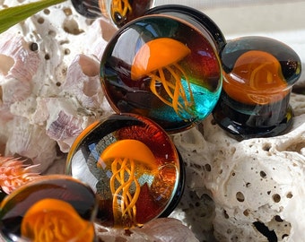 PAIR of Unique Floating Orange Jellyfish Pyrex Glass Double Flare Plugs -Gauges 0g (8mm) through 5/8" (16mm) available!