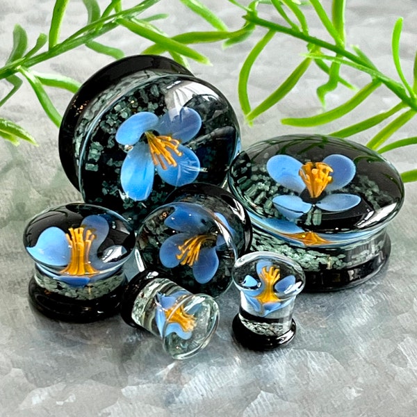 PAIR of Unique Floating Blue Flower Pyrex Glass Glow the the Dark Double Flare Plugs - Gauges 0g (8mm) through 1" (25mm) available!