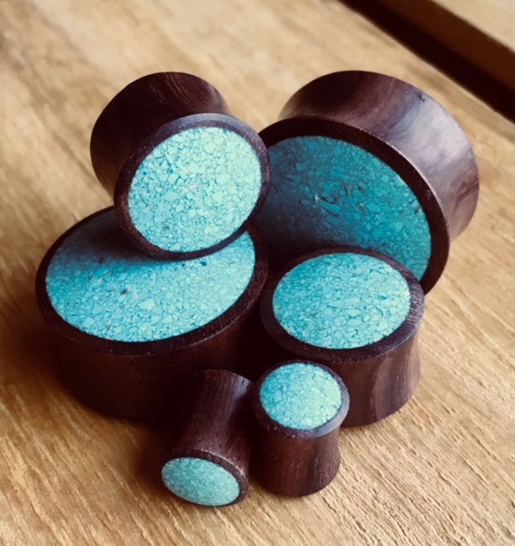up to 1 PAIR of Crushed Turquoise Inlaid Wood Saddle Plugs Gauges 2g available! 25mm 6mm