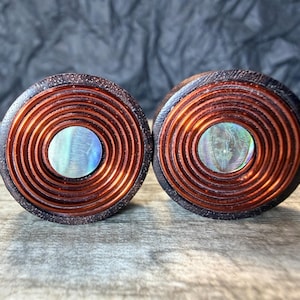 PAIR Sono Wood Plugs w/ Mother of Pearl Inlay & Copper Coil Earlets Gauges