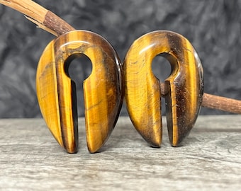 PAIR of Stunning Organic Tiger Eye Stone Keyhole Hanger Ear Weight Tunnels/Plugs - Gauge 0g (8mm) thru 5/8 (16mm) available!