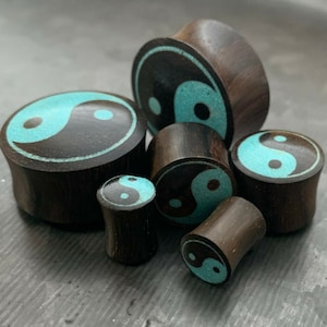 PAIR of Beautiful Crushed Turquoise Yin Yang Inlaid Wood Saddle Plugs - Gauges 0g (8mm) thru 1&quot; (25mm) available!