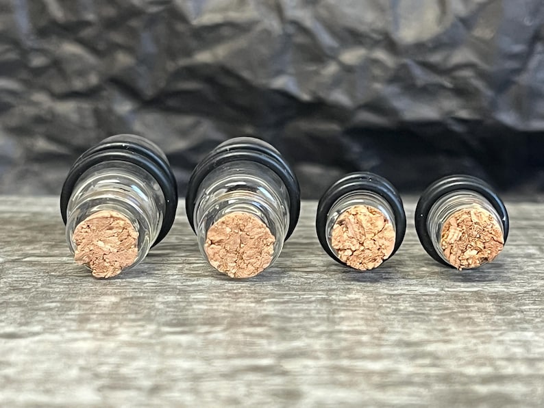 PAIR of Unique Clear Glass Corked Bottle Tunnels/Plugs with O-Rings - Gauges 00g (10mm) thru 5/8" (16mm) available! 画像 2