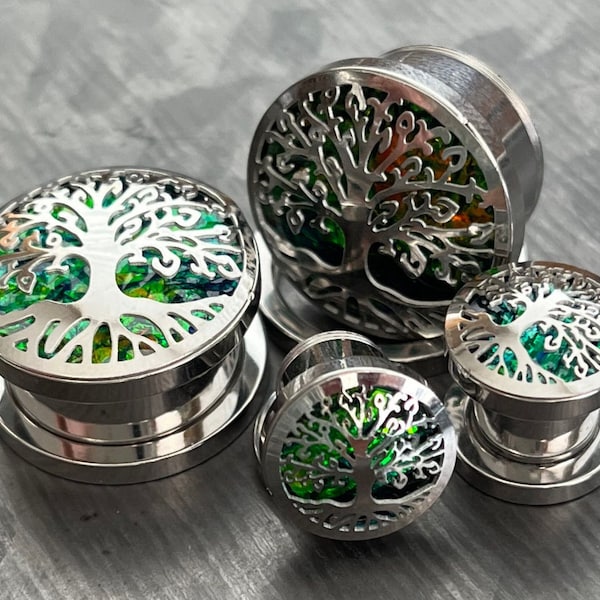 PAIR of Stunning Green Opal Glitter Tree of Life Steel Screw Fit Tunnels/Plugs - Gauges 0g (8mm) thru 5/8" (16mm) available!