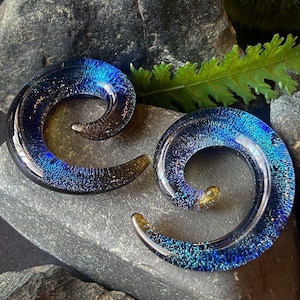 PAIR Blue Glitter Foil Glass Spiral Tapers Expanders Plugs Gauges Body Jewelry