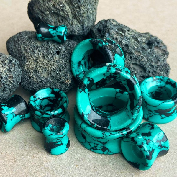 PAIR of Stunning Black & Teal Synthetic Turquoise Stone Double Flare Tunnels/Plugs - Gauges 2g (6mm) to 1" (25mm) Available!
