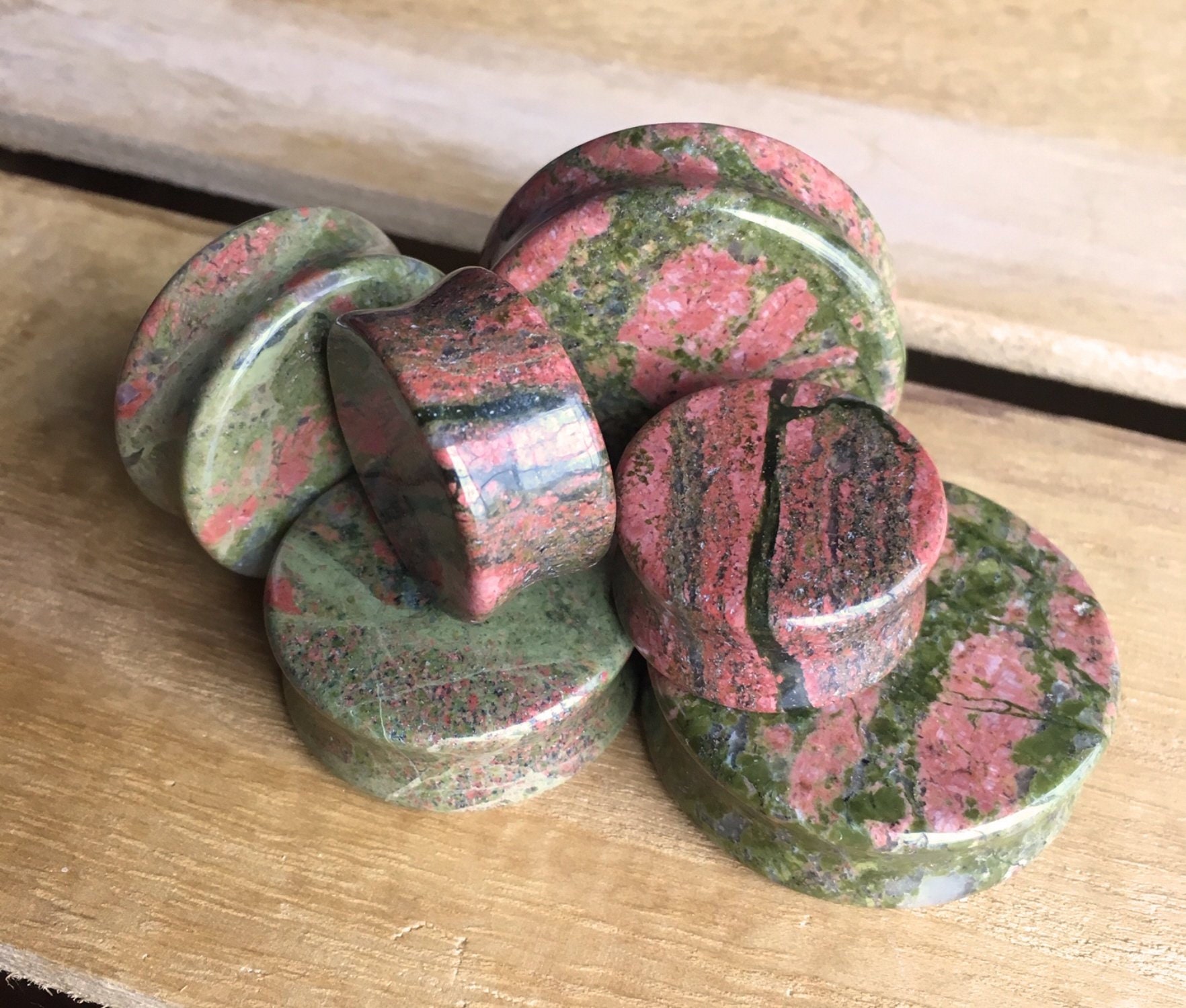 PAIR of Unakite Organic Stone Plugs - Gauges 8g (3mm) up to 1" (38mm) available!