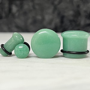 PAIR of Single Flare Organic Green Aventurine Stone Plugs with O-Rings - Gauges 4g thru 5/8" (16mm) Body Jewelry