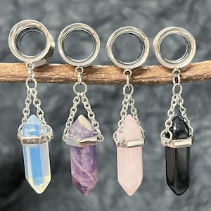 PAIR of Crystal Stone Dangle Steel Double Flare Tunnels Plugs - Amethyst, Rose Quartz, Black Onyx & Opalite Available!