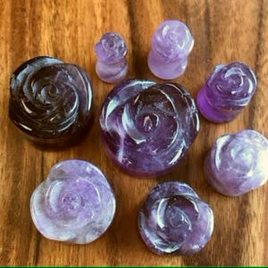 PAIR of Carved Organic Amethyst Stone Flower Double Flare Plugs - Gauges 2g thru 13/16&quot;!