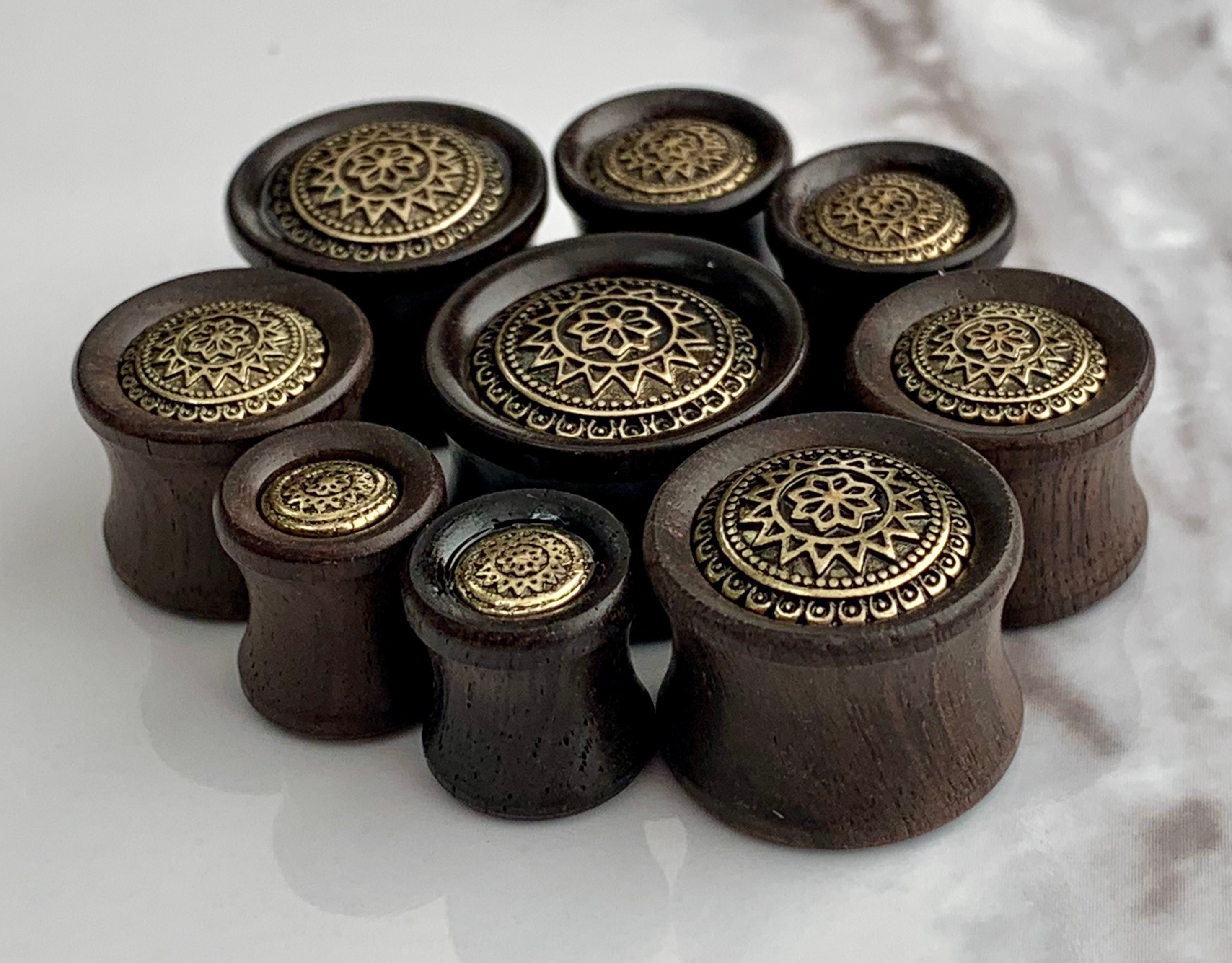 Turquoise Antique Gold Plated Tribal Sun Organic Ebony Wood Double Flared Saddle Plugs 25mm 8mm Sold as a Pair to 1 Available in Sizes from 0G 