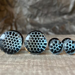 PAIR of Unique Black Honeycomb Design Pyrex Glass Double Flare Plugs - Gauges 2g (6mm) through 5/8" (16mm) available!