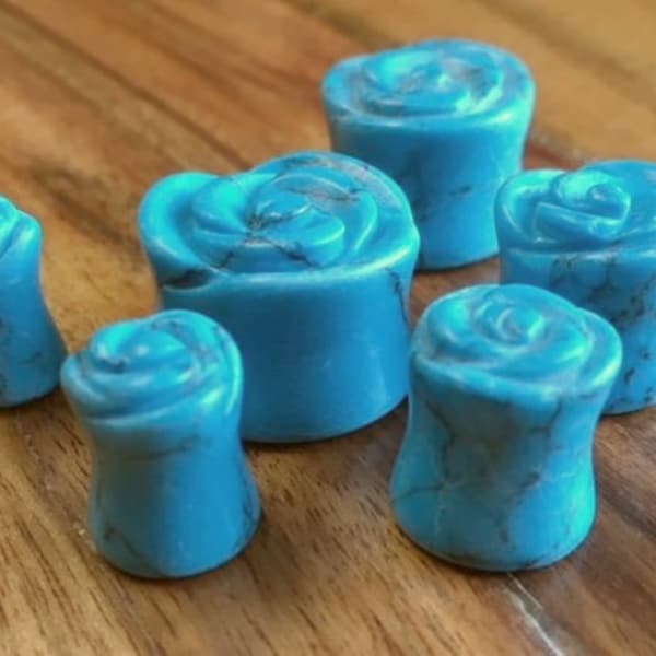 PAIR of Beautifully Carved Rose Flower Organic Blue Turquoise Stone Double Flare Plugs - Gauges 2g (6mm) thru 5/8" (16mm)!