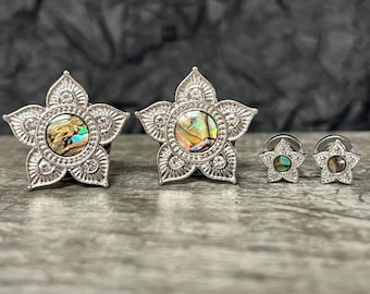 PAIR of Stunning Abalone Centered Tribal Flower Steel Screw Fit Tunnels/Plugs - Gauges 8g (3.2mm) thru 5/8" (16mm) available!