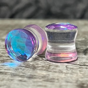 PAIR of Stunning Faceted Mermaid Iridescent Glass Double Flare Plugs - Gauges 2g (6.5mm) thru 1" (25mm) available!