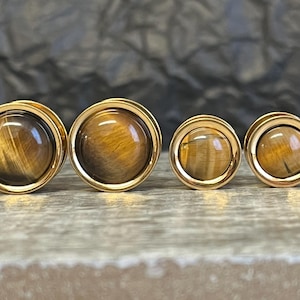 PAIR of Beautiful Tiger Eye Stone Dome Gold Steel Screw Fit Tunnels/Plugs - Gauges 2g (6mm) thru 5/8" (16mm) available!