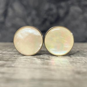 PAIR of Stunning Mother of Pearl Surgical Steel Screw Fit Tunnels Plugs