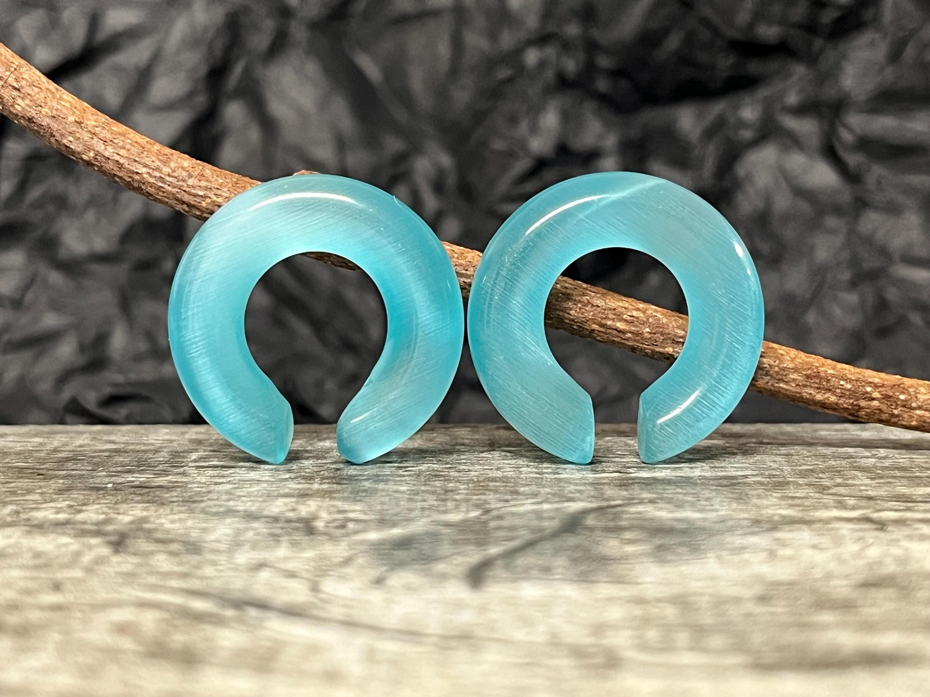 PAIR Light Blue Cat Eye Stone Hoop Taper Hanger Ear Weight Plug Gauge Tunnel