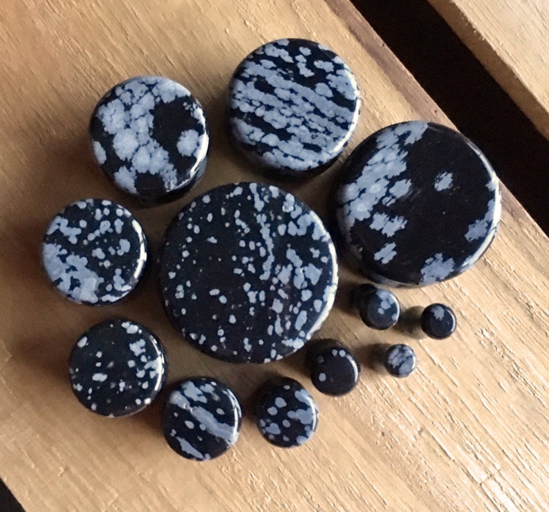 Gauges 8g 3mm available! up to 1 25mm PAIR of Stunning Snowflake Obsidian Organic Stone Plugs