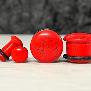 PAIR of Single Flare Red Turquoise Stone Plugs with O-Rings - Gauges 4g (5mm) through 5/8" (16mm)