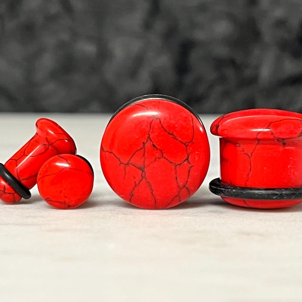 PAIR of Single Flare Red Turquoise Stone Plugs with O-Rings - Gauges 4g (5mm) through 5/8" (16mm)