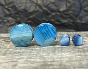 PAIR of Unique Blue Striped Agate Organic Double Flare Stone