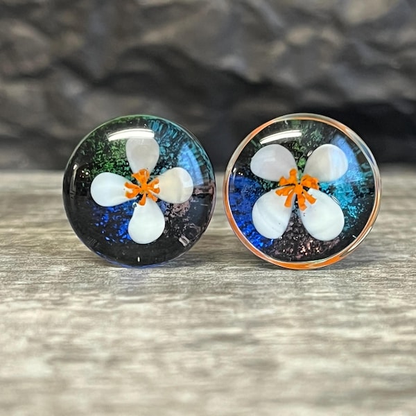 PAIR of Unique Floating White Flower Pyrex Glass Double Flare Plugs - Gauges 0g (8mm) through 5/8" (16mm) available!