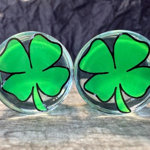 PAIR Green Shamrock Clover Glass Double Flare Plugs Gauges Tunnels Body Jewelry
