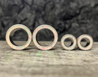 PAIR of Brilliant White Opal Glitter Rimmed Steel Screw Fit Tunnels/Plugs - Gauges 0g (8mm) thru 1" (25mm) available!