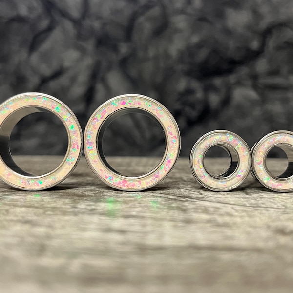 ¡PAR de túneles/tapones de acero con borde de ópalo blanco brillante con ajuste de rosca - Calibres disponibles de 0 g (8 mm) a 1" (25 mm)!