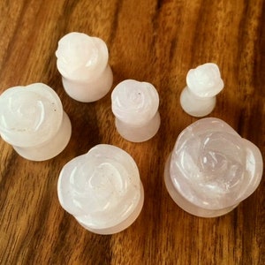 PAIR of Beautifully Carved Organic Rose Quartz Stone Flower Double Flare Plugs - Gauges 2g thru 5/8"