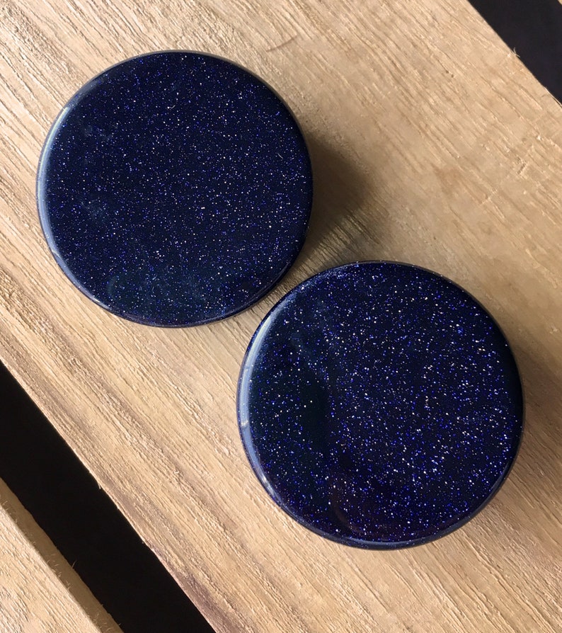 Gauges 8g 3mm available! 38mm PAIR of Blue Midnight Goldstone Stone Plugs Sandstone up to 1/&12