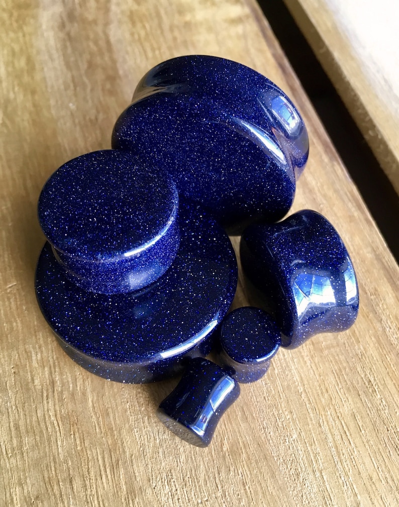 Gauges 8g 3mm available! 38mm PAIR of Blue Midnight Goldstone Stone Plugs Sandstone up to 1/&12